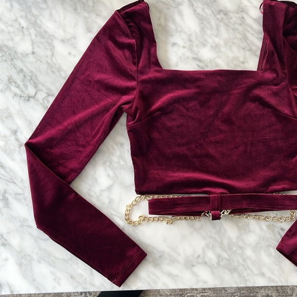 Velvet Long Sleeve Crop Top with Built in Gold Belly Chain - Picture 2 of 6